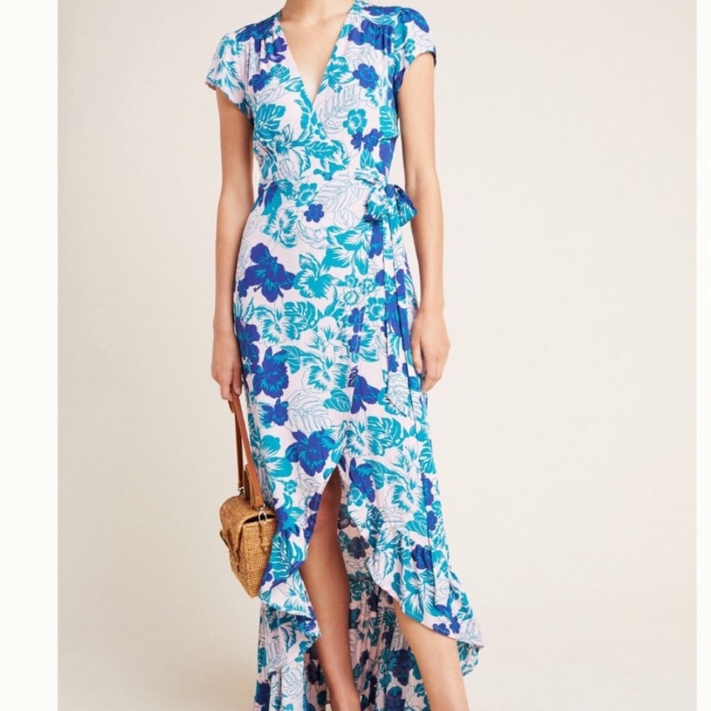 Anthropologie Tonga Wrap Blue Pink Hi Low Maxi Dress SP Petite